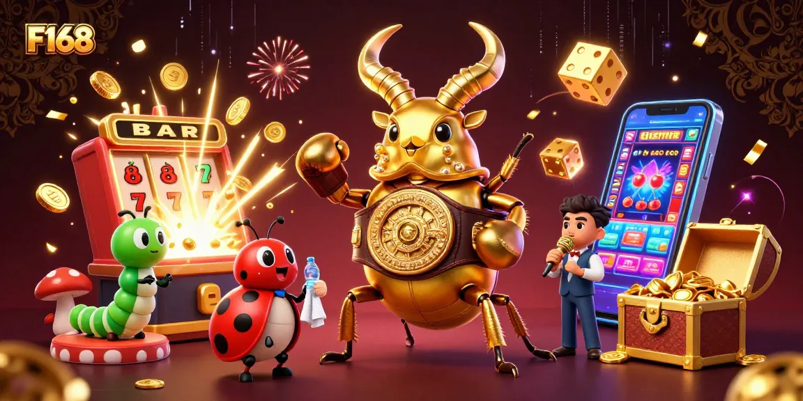 Experience the thrilling action of F168 with a vibrant 3D scene featuring glowing characters and dynamic casino elements.