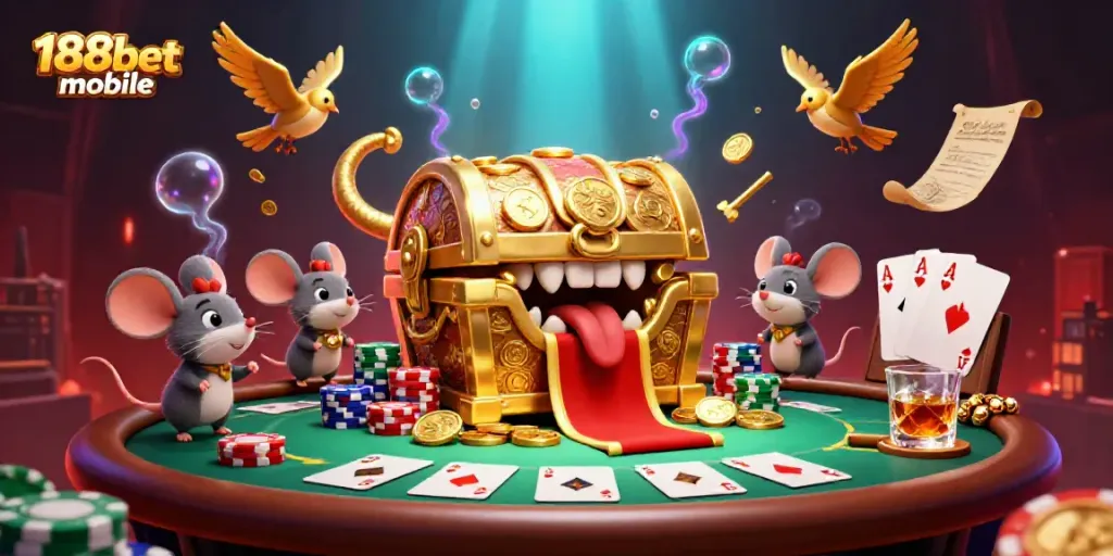 Engaging 188bet mobile scene depicting a golden treasure chest with characters and poker elements.