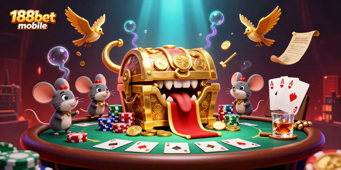 Engaging 188bet mobile scene depicting a golden treasure chest with characters and poker elements.