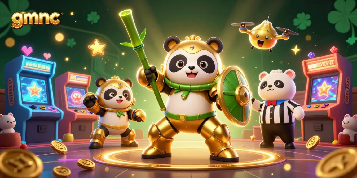 Engage with gmnc's immersive gaming world, where 3D panda pilots a mech-robot amid arcade excitement.