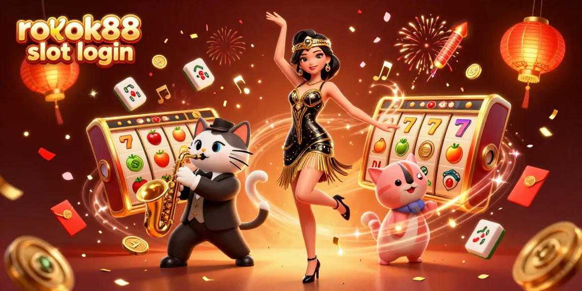 Experience the excitement of rokok88 slot login with vibrant slot reels and dynamic characters in a colorful celebration.