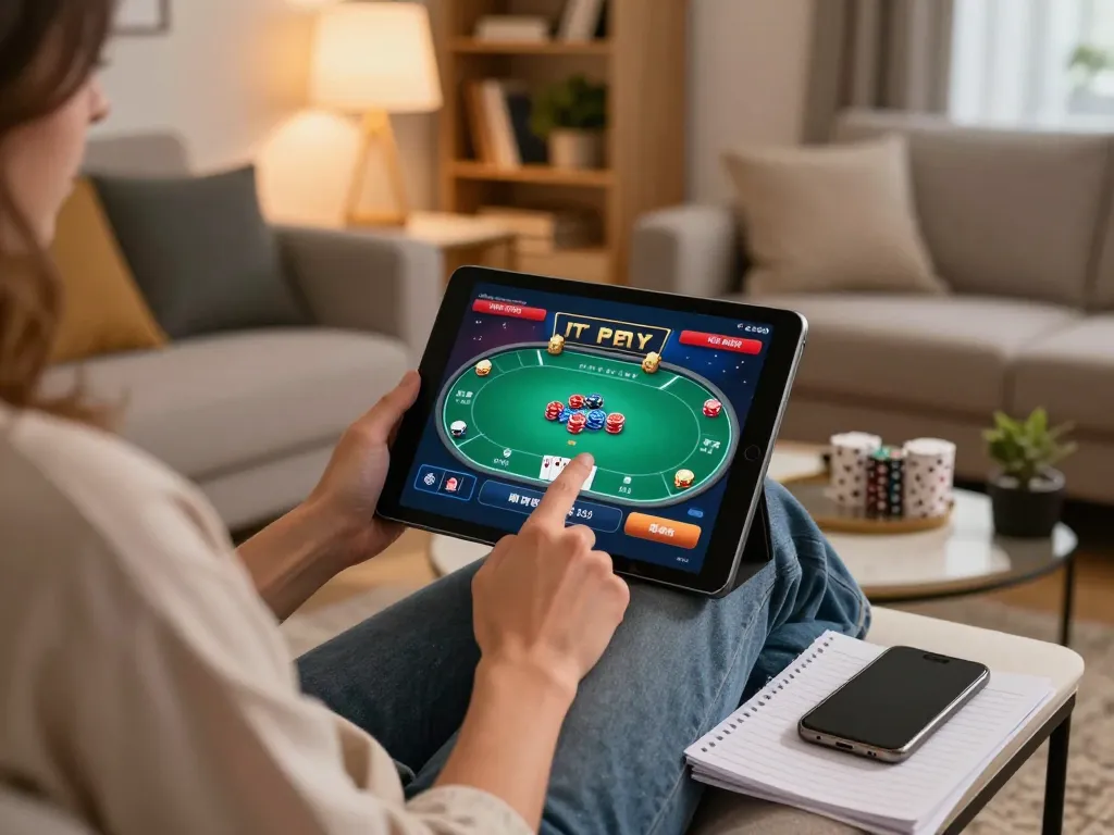 Engaged gamer using a tablet for online casino gaming at home, showcasing Nhà cái OK365.