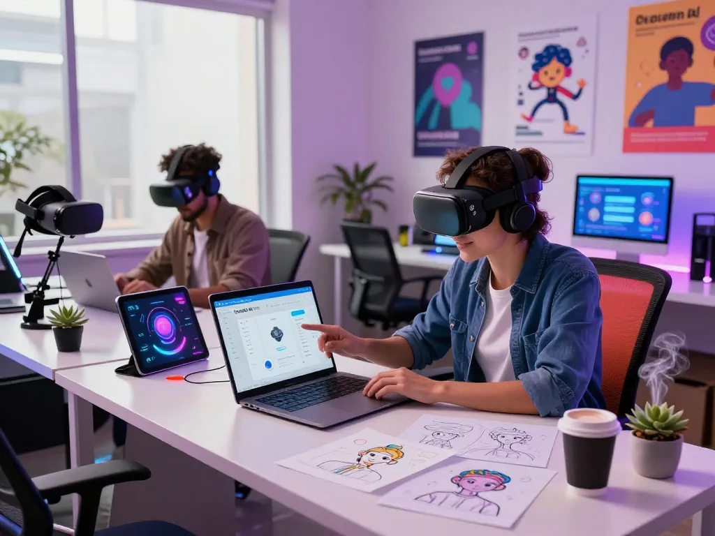 Engaging with Crush On AI in a modern tech workspace featuring laptops and VR gadgets.