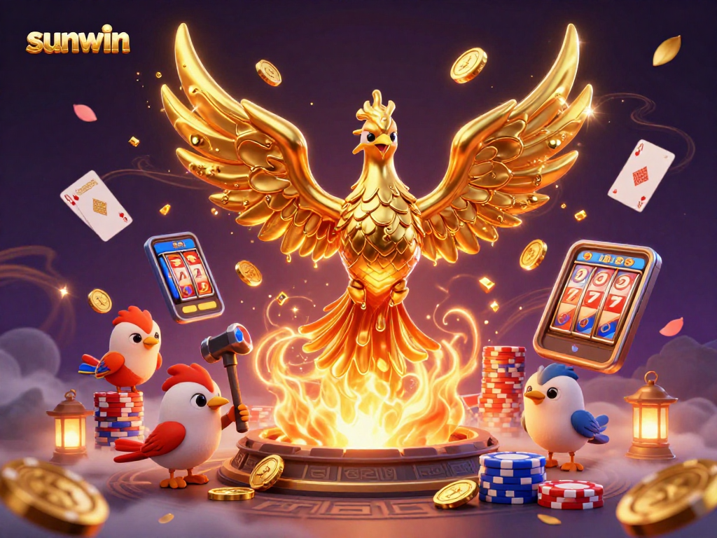 Experience the excitement of sunwin with a golden phoenix and sparkling casino elements in a vibrant 3D scene.