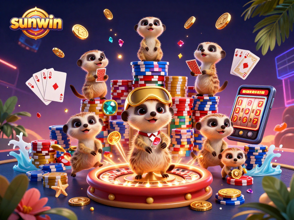 Experience the thrilling sunwin casino with engaging meerkats managing games amid sparkling jewels.
