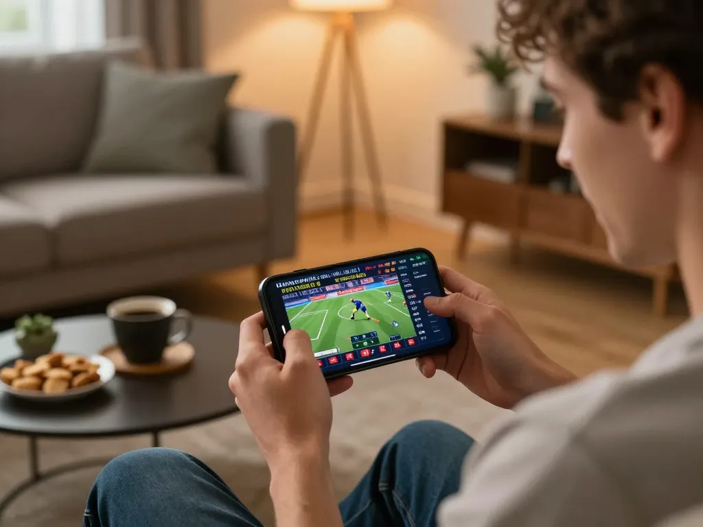 Excited player using 98wincom app for live sports betting in a cozy home setting