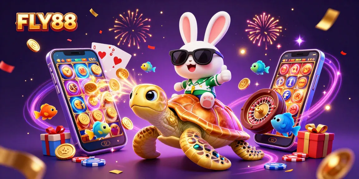 Join the excitement at FLY88 with a lucky rabbit and golden turtle, celebrating casino wins!