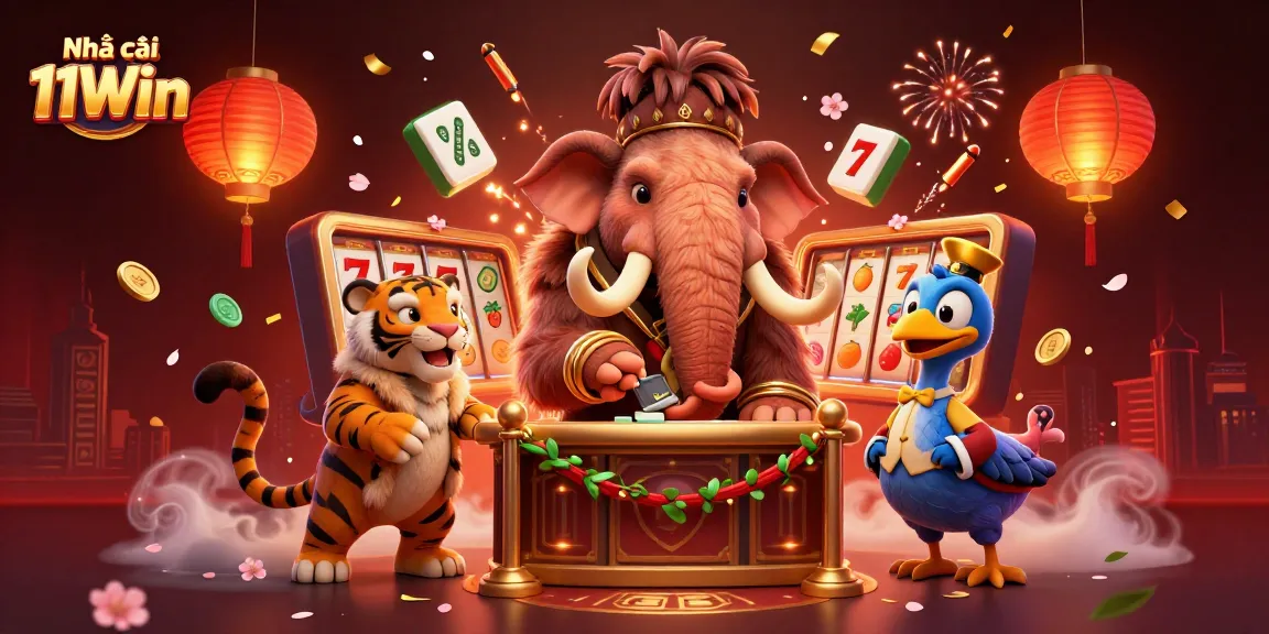 Experience excitement at Nhà cái 11Win with a dynamic casino scene featuring a woolly mammoth bouncer and vibrant slot elements.