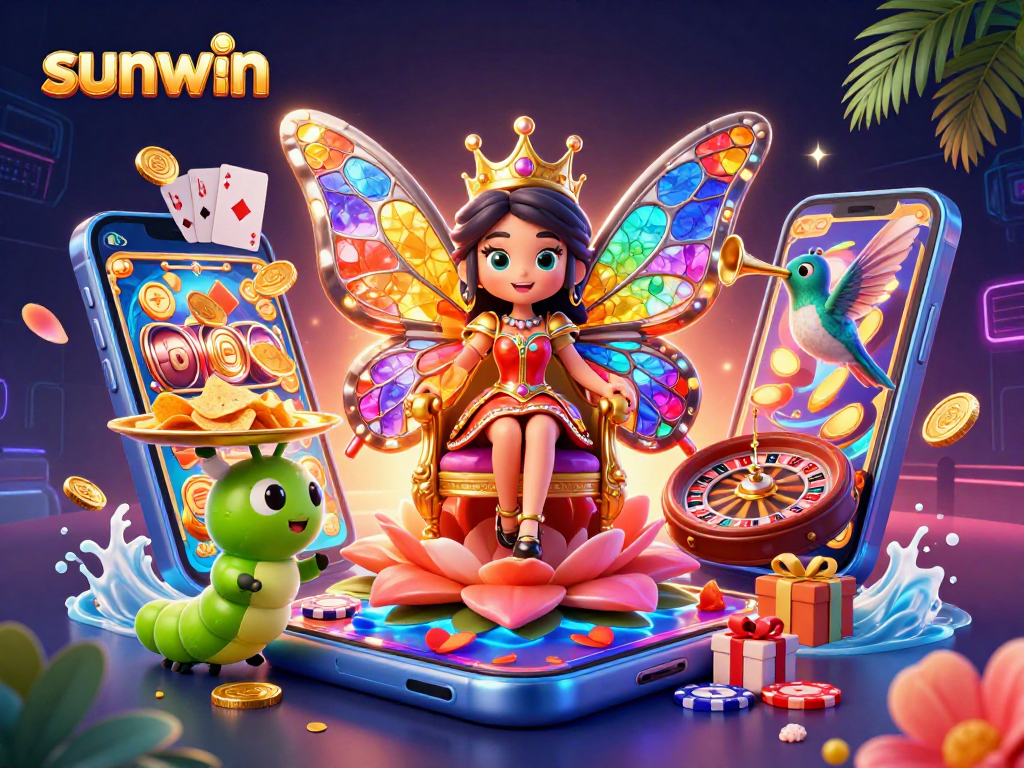 Experience the sunwin gaming world as the butterfly queen presides over an enchanting casino scene.