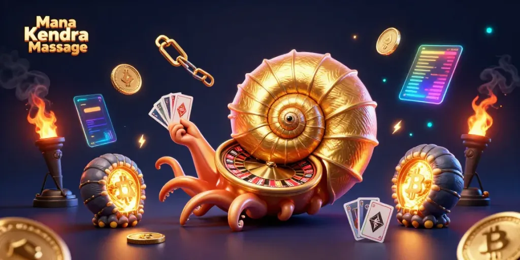 Erlebe die innovative Mana Kendra Massage mit 3D-goldenen Spielfiguren und Blockchain-Elementen.
