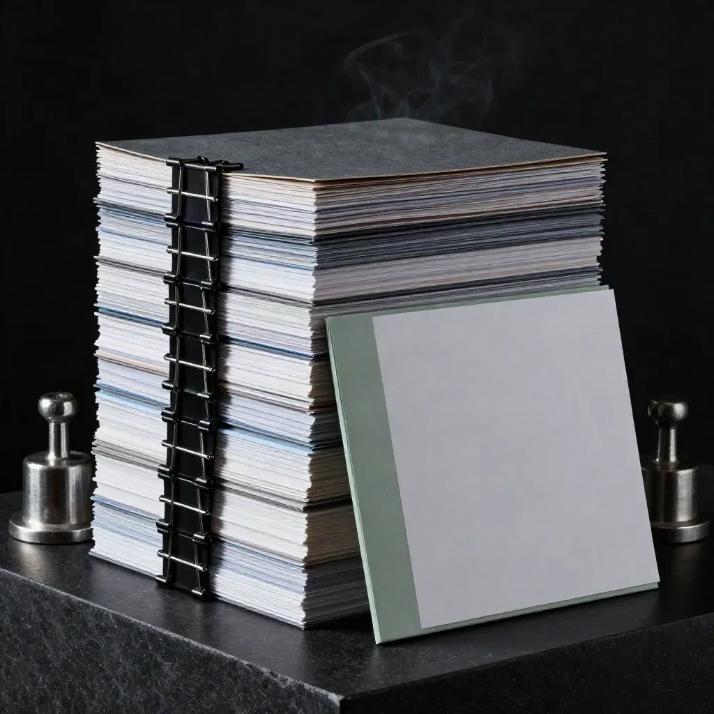 Monumentaler Aufbau aus Karten, Klemmen, Mappen und Stahlgewichten im dunklen Studio.