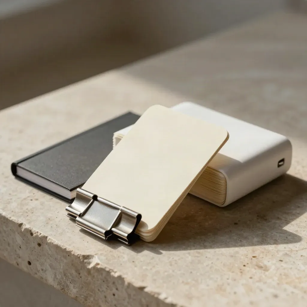 Gründer-Set mit Karten, Metallklemmen und Powerbank auf hellem Stein im warmen Licht.