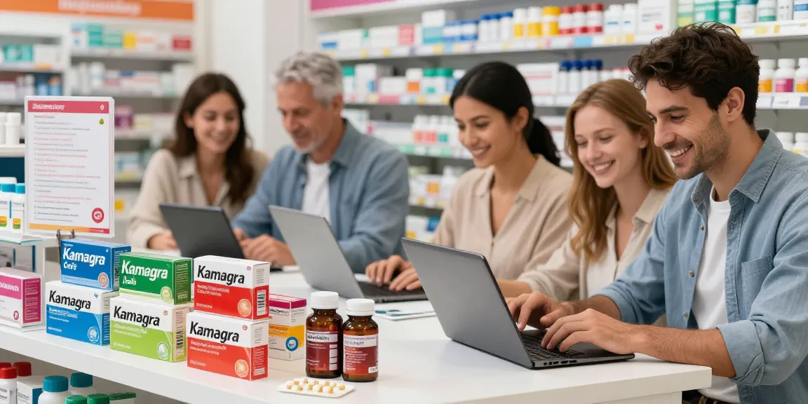 Men exploring options for Kamagra bestellen schweiz in a modern pharmacy, showcasing various erectile dysfunction medications and a supportive atmosphere.
