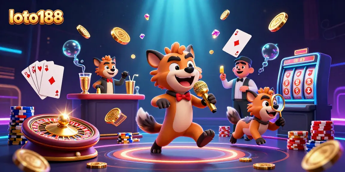 Loto188's vibrant casino scene showcases hyenas, coins, and poker elements.