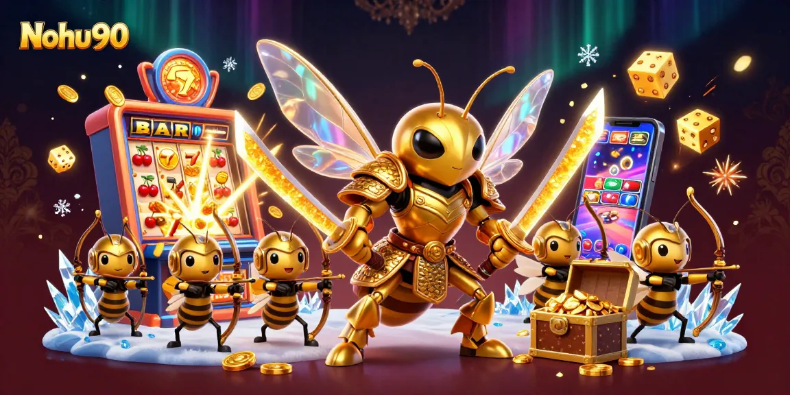 Nohu90 engages players with a vibrant 3D illustration of a golden hornet surrounded by slots and jackpots, celebrating thrilling wins.