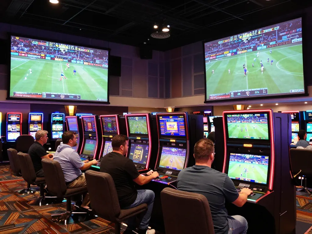 Kèo nhà cái 5 chuẩn action at a vibrant sports betting area, bettors engaged with screens