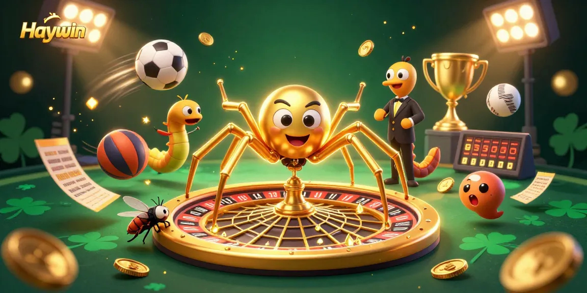 Experience thrilling bets at Haywin with a captivating 3D casino illustration of a golden spider crafting a roulette wheel.