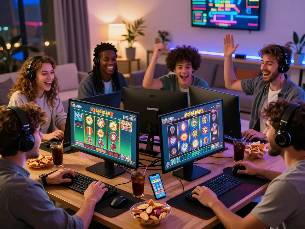 Exciting scene of friends enjoying the KO66 GAME on multiple devices, highlighting online gaming fun and lively atmosphere.