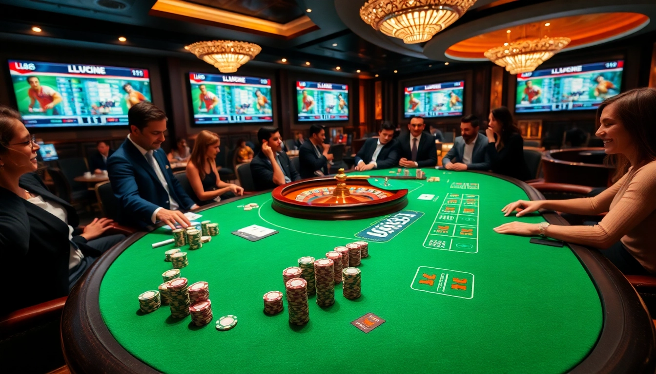 Experience the thrill of lu88 sports betting at a vibrant casino table with players and chips.