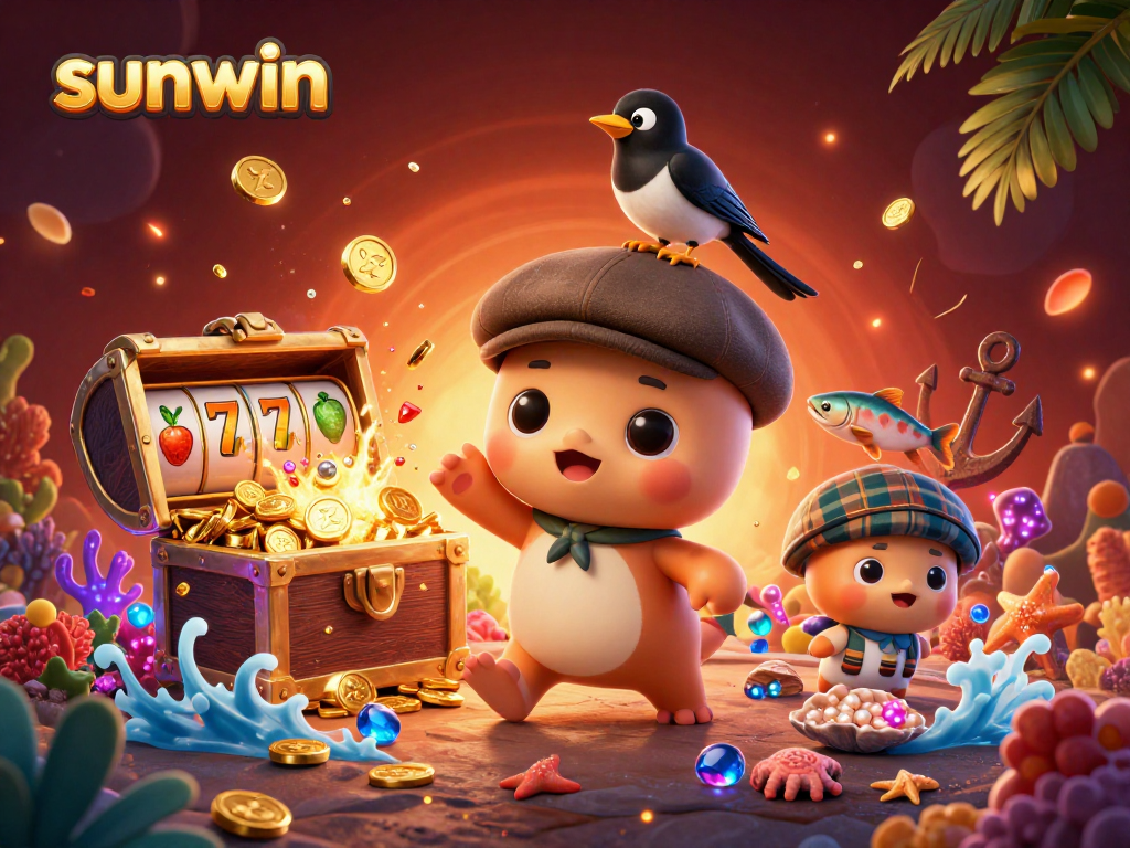 Experience the thrill of winning with sunwin's vibrant casino-themed illustration featuring playful characters.