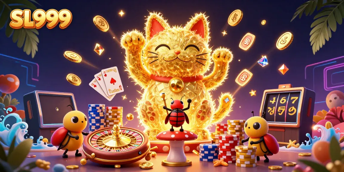 Experience vibrant excitement with SL999 as golden fireflies form a lucky cat amidst casino symbols.