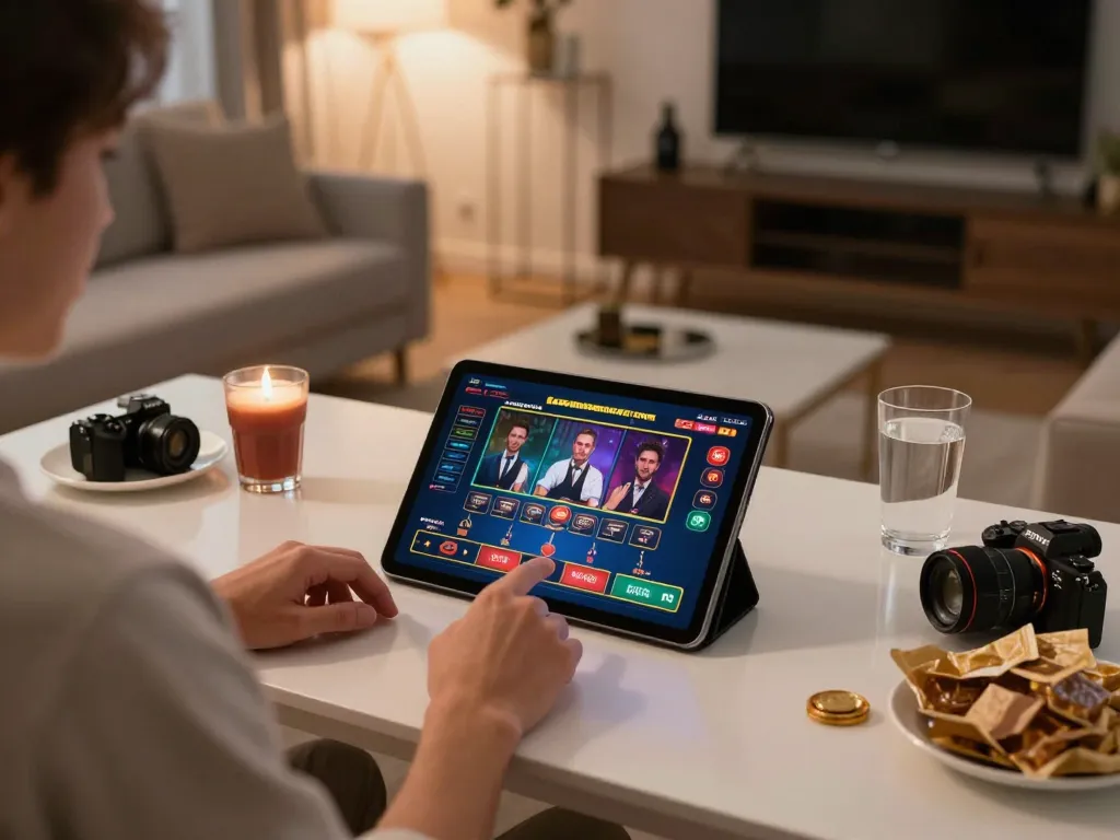 Jun88 player engaging with an online casino app on tablet in a cozy home setting