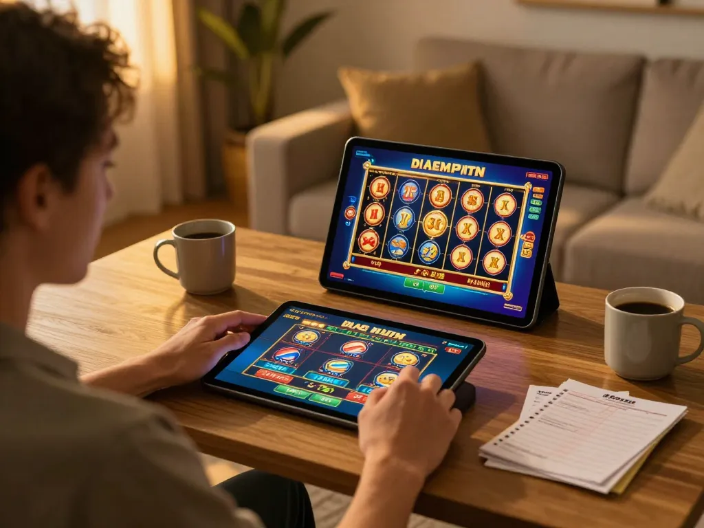 Engaged player betting online at https://lc88.bio/ from a cozy home gaming setup with tablet and strategy notes.