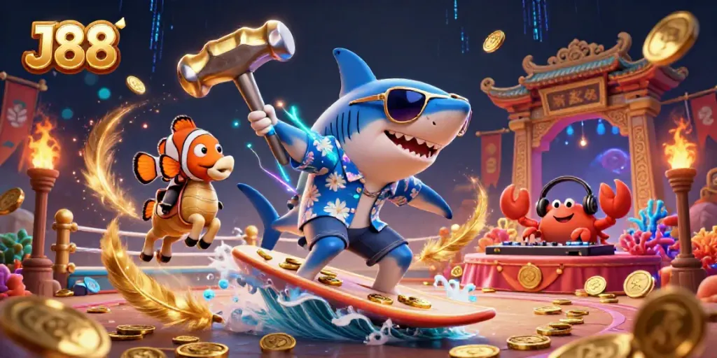 Experience exciting gameplay at J88 with a vibrant underwater casino scene filled with gold coins and animated characters.