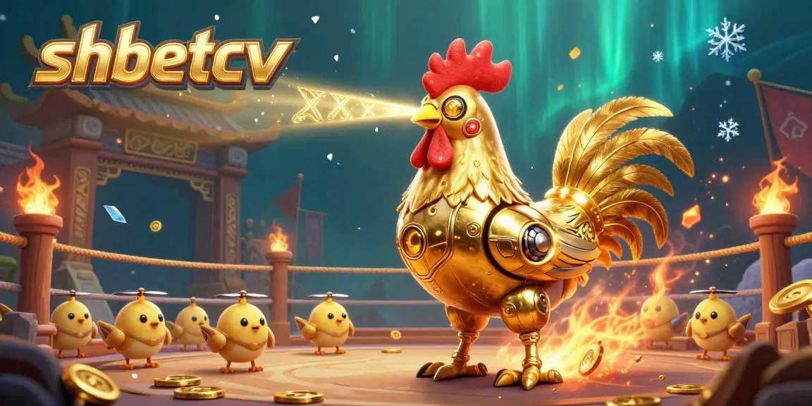Experience thrilling gameplay at shbetcv with a vibrant 3D illustration of a golden rooster robot amidst an exciting casino atmosphere.
