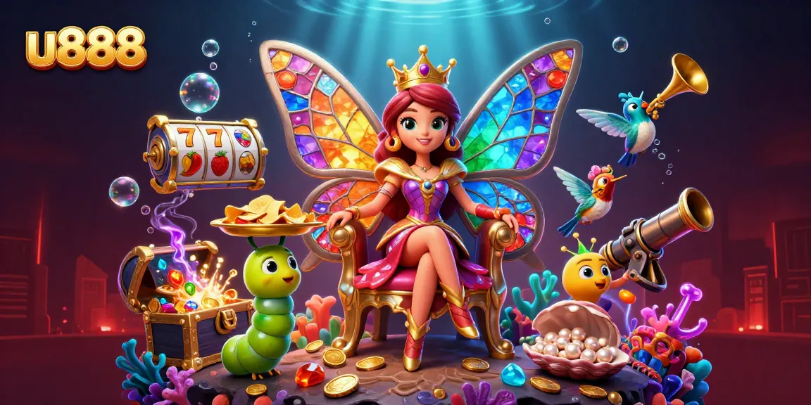 Experience the vibrant world of u888 with a mesmerizing butterfly queen in a dynamic casino scene.