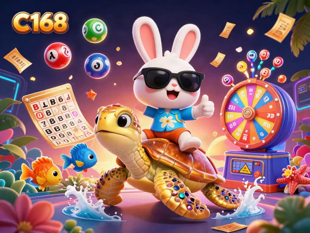 Experience the excitement of c 168 with a lucky rabbit and golden sea turtle amidst vibrant casino-themed elements.