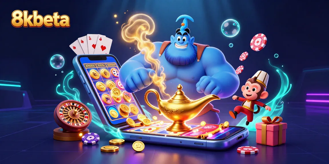 Experience the excitement of 8kbeta with a vibrant casino scene featuring a genie and gaming elements.