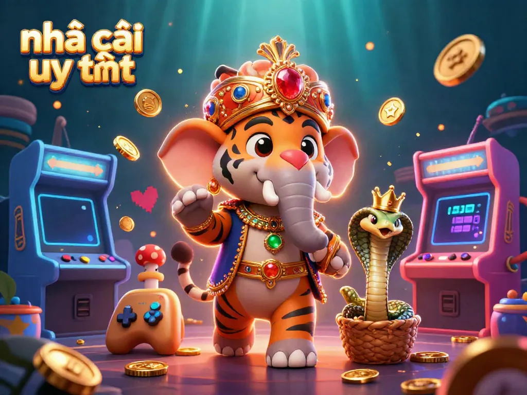 Engaging scene showcasing nhà cái uy tín with vibrant 3D characters, arcade games, and casino elements.