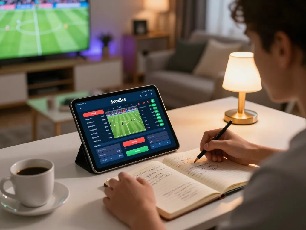 Socolive user engaged in strategic sports betting analysis with tablet and notes