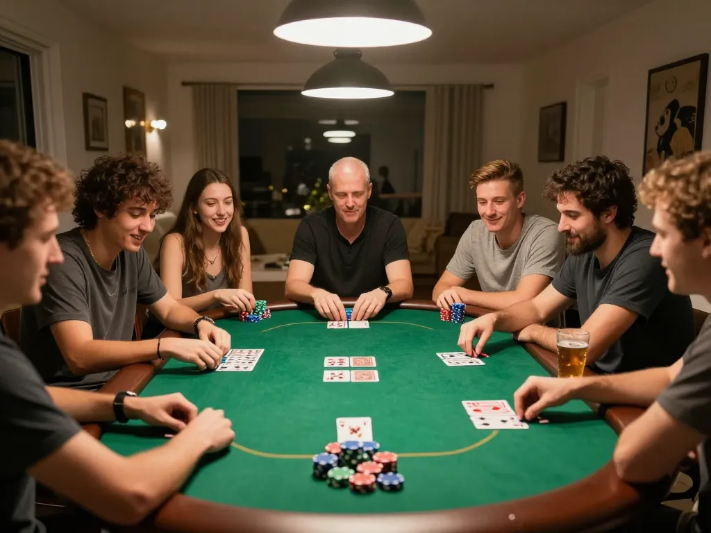 C168 players enjoying an intense poker game at home with chips and cards on the table.