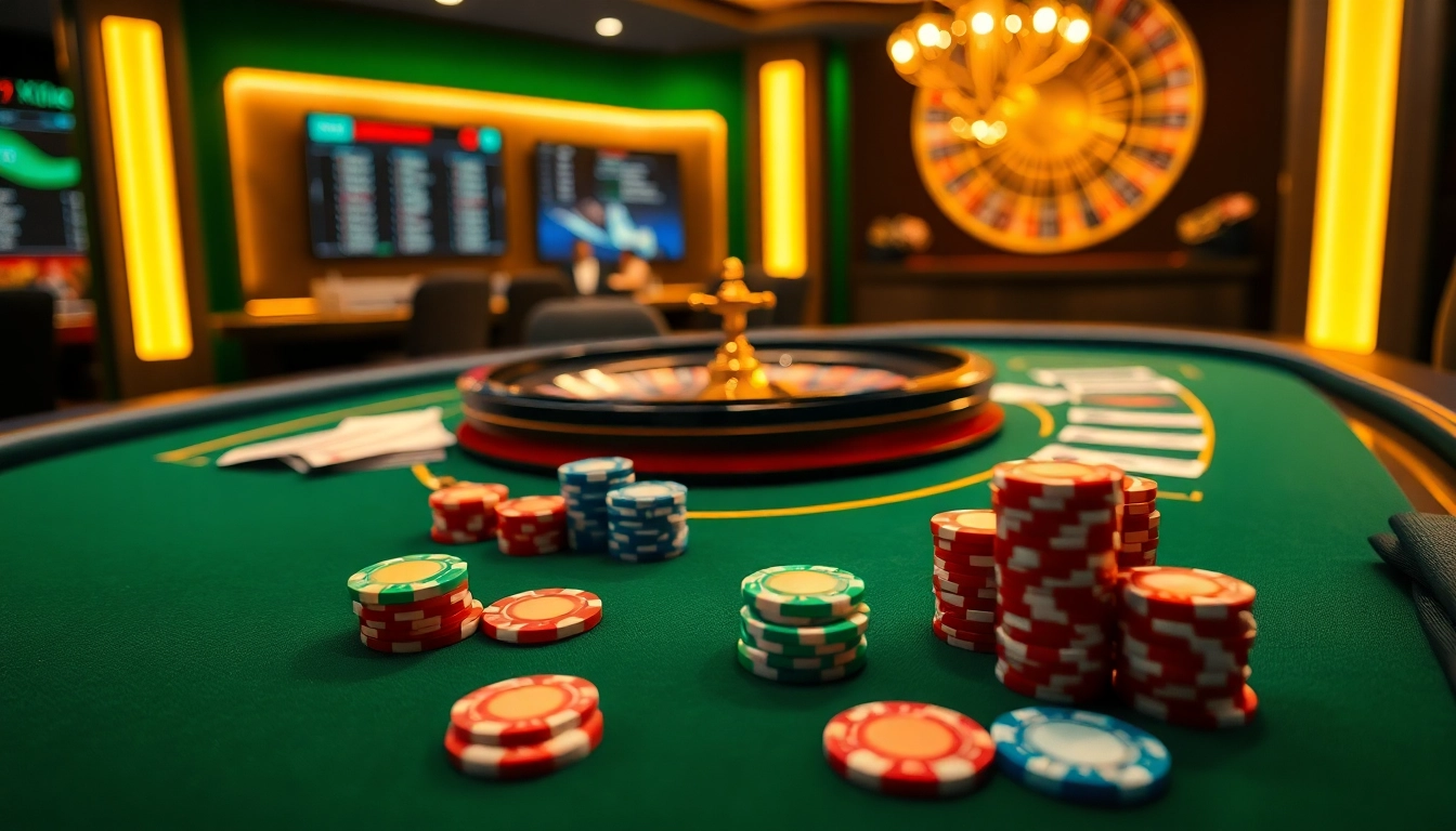 Exciting poker game at 79KING casino with vibrant chips and cards on the table