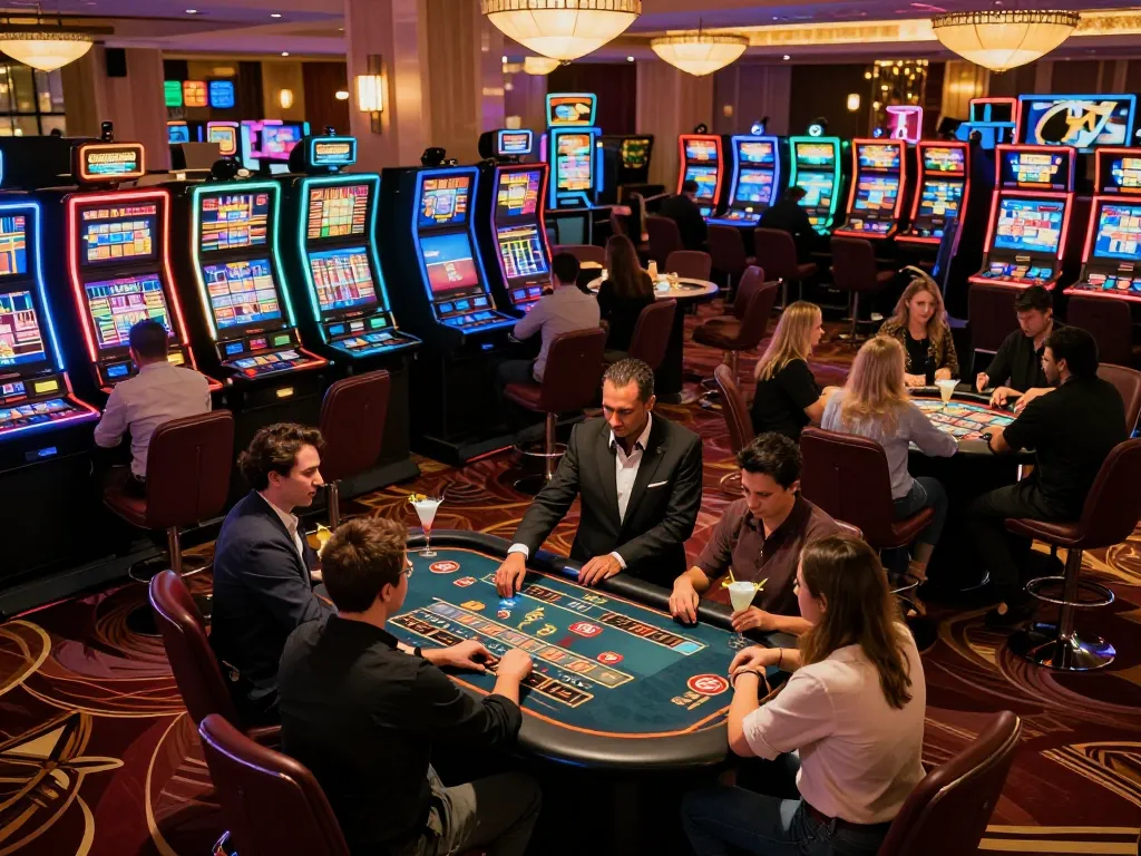 Energetic scene at cm88casino with players engaging at card tables and vibrant slots.