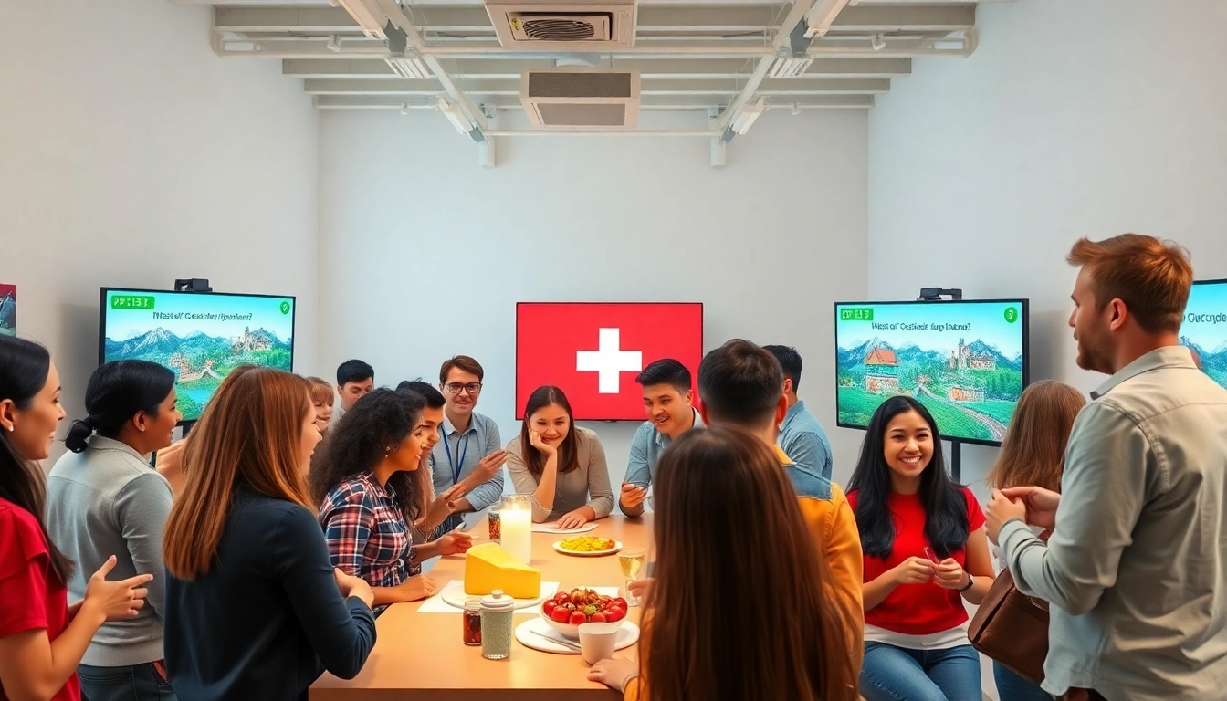 Teilnehmer eines Schweiz-Quiz-Wettbewerbs, der Schweizer Kultur und Trivia feiert.