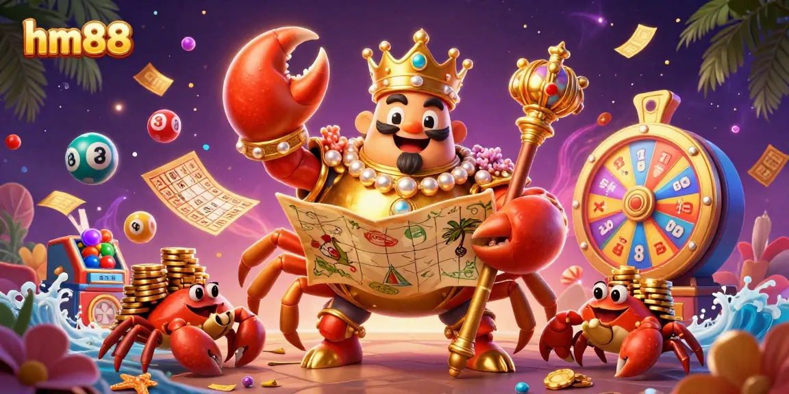Experience big wins at hm88 with the golden crab emperor and dynamic gaming elements surrounding him.
