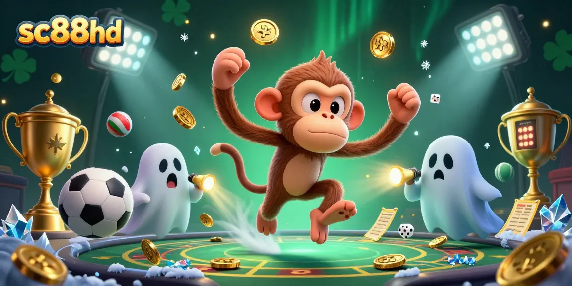 sc88hd captures a thrilling haunted casino scene with a playful monkey and a curious puppy.