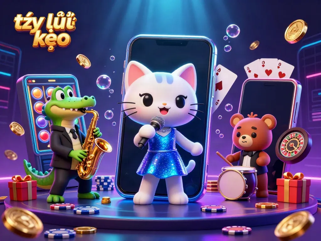 Experience lively entertainment with tỷ lệ kèo as a jazz-singer cat, saxophone croc, and drum bear perform in a vibrant casino scene.