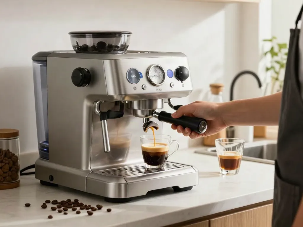ROKOK88 daftar showcasing a premium espresso machine in a modern kitchen with a barista preparing espresso.