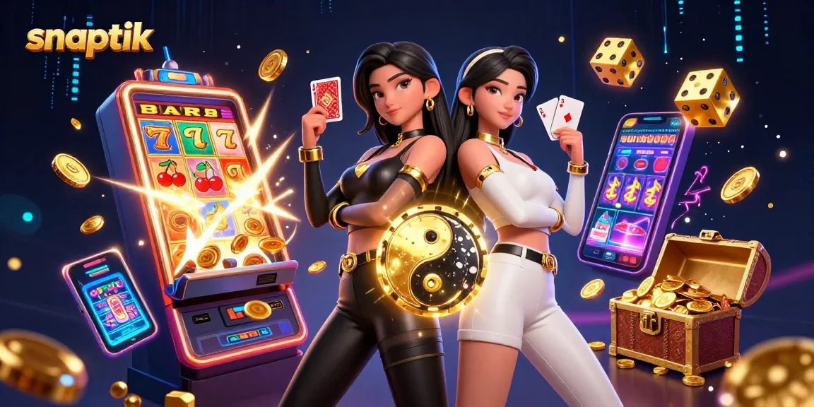 snaptik showcases stunning twin Asian women holding playing cards amidst a vibrant casino scene