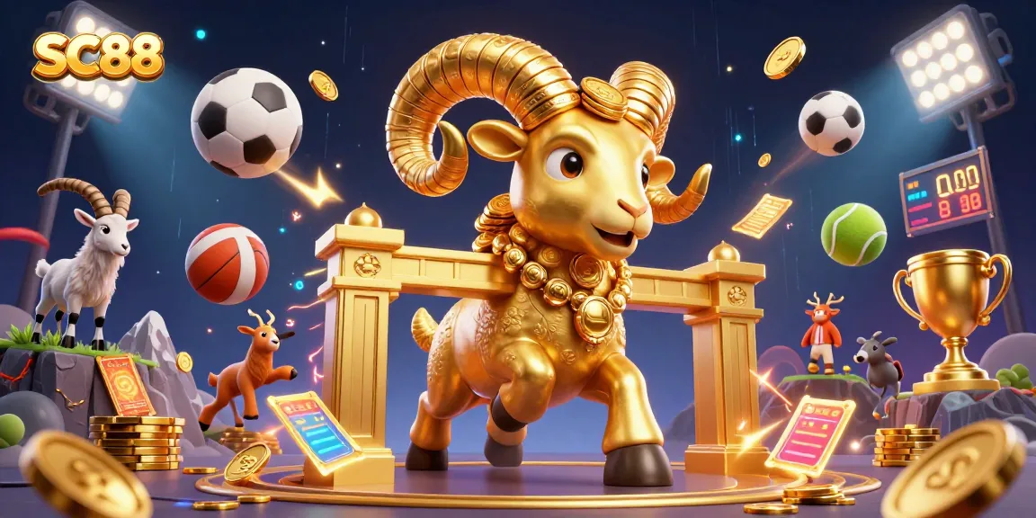 Experience SC88 with a dynamic 3D casino scene featuring a charging golden ram and sports elements.