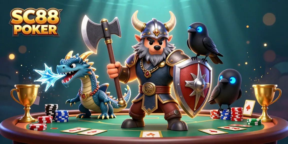 Join the excitement of SC88 POKER as a Viking warrior battles for jackpots surrounded by dynamic poker elements.