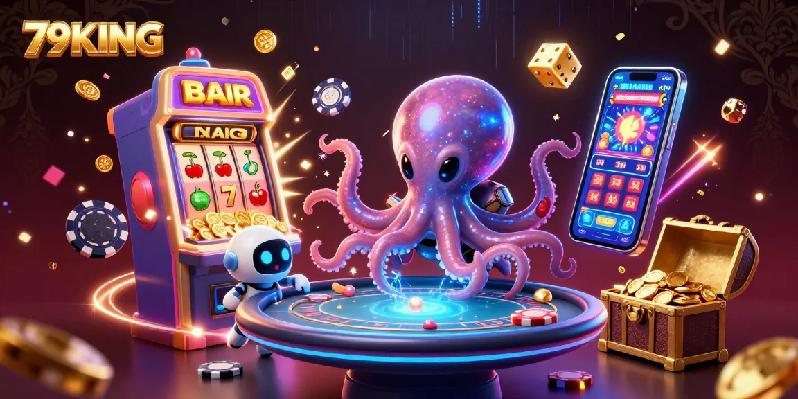 Engage with thrilling 79KING casino games through a vibrant, lively 3D illustration of an alien octopus at a poker table.