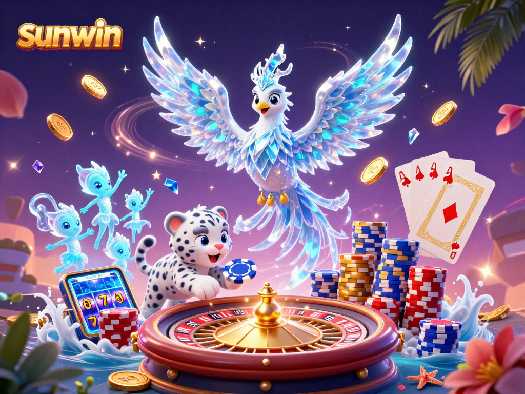 Experience the excitement of sunwin with dazzling 3D casino characters and vibrant slot machine imagery.