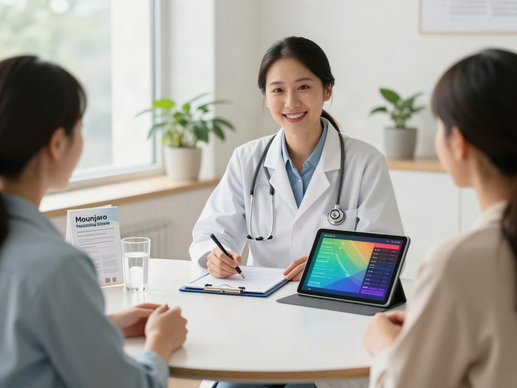 Mounjaro Beratungssitzung zwischen Arzt und Patient in moderner Gesundheitsberatung.