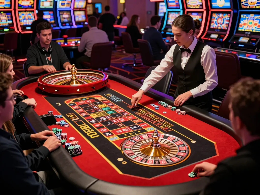 va88 players engaging in an intense roulette game at a vibrant Las Vegas casino, chips and excitement in focus.