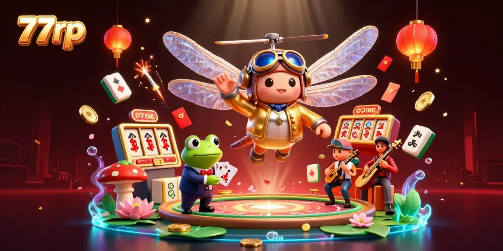 Engage with 77rp's vibrant casino scene featuring a dragonfly pilot and frog dealer amidst dynamic slot machine elements.